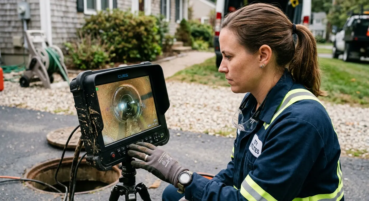Technician reviewing sewer camera inspection footage in Palm Beach