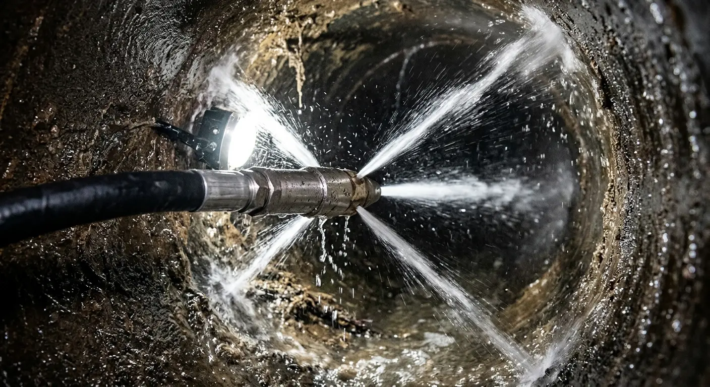 High-pressure hydro jetting nozzle cleaning sewer pipe for Trenchless Sewer Repair in Palm Beach