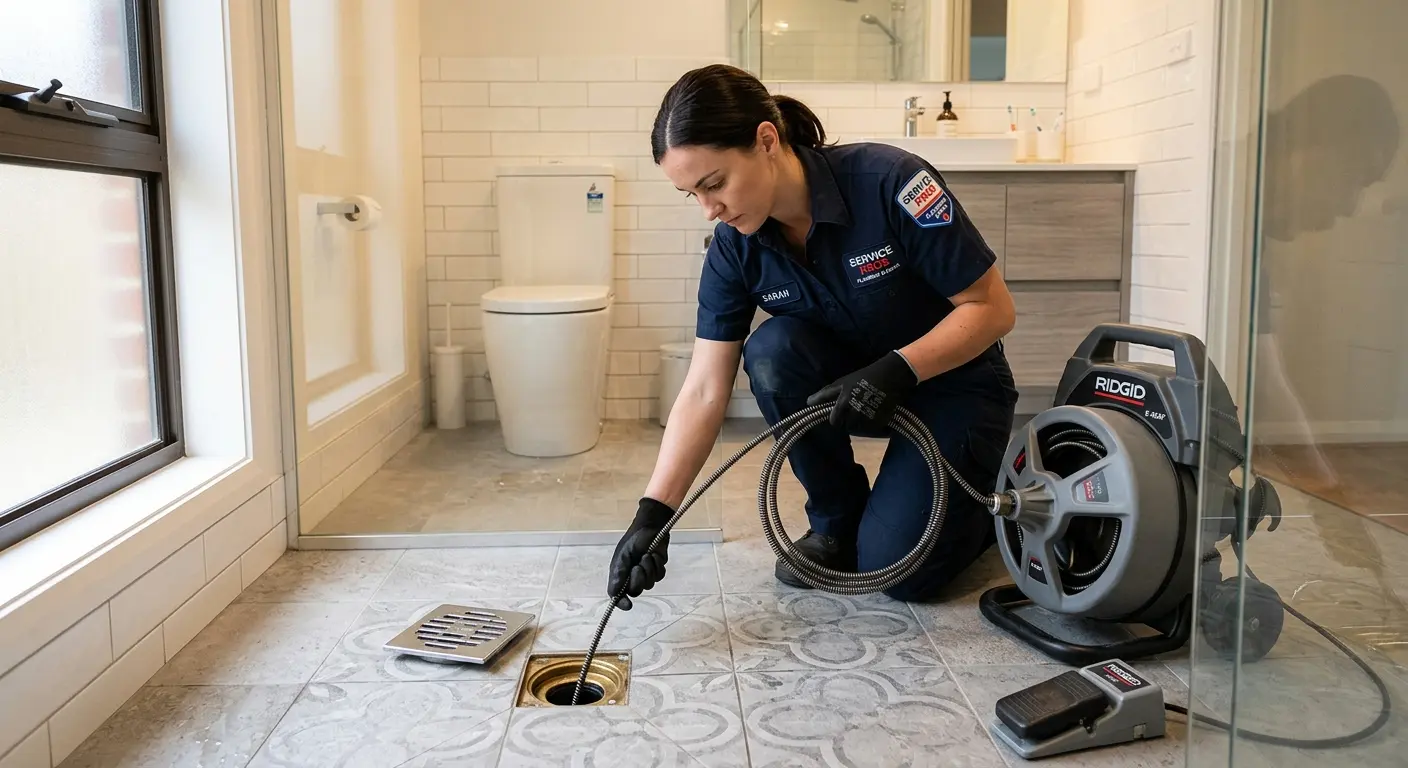 Technician clearing a bathroom floor drain for Sewer Line Replacement in Palm Beach